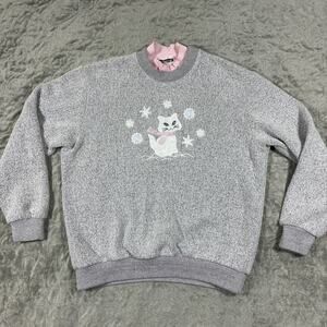 Vintage 90s Cat Sweater Small Gray Pink Knit Grandmacore Cottagecore Dainty